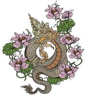 tatouage art thai dragon fleur dessin à la main et croquis vecteur