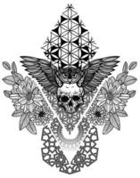 art de tatouage hibou et crâne fleur dessin à la main croquis noir et blanc vecteur