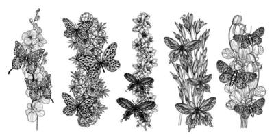 tatouage art fleur et papillon dessin à la main et croquis noir et blanc vecteur