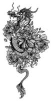 tatouage art dargon en fleur dessin croquis noir et blanc vecteur