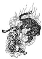 tatouage art combat de tigre dessin à la main et croquis noir et blanc vecteur