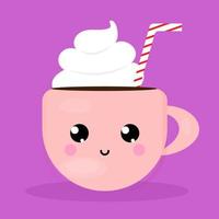 personnage de tasse mignon dans une boisson chaude de style kawaii à la mode avec de la crème et une pipe, imprimé sur un t-shirt textile ou un emballage vecteur