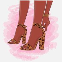jambes de femmes en imprimé léopard à talons hauts, illustration de mode, jambes de femmes en chaussures, design girly mignon, style de mode, impression sur textile, t-shirt ou emballage vecteur