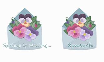 fleurs printanières lumineuses dans une enveloppe. carte de voeux pour le début du printemps, le 8 mars et la journée de la femme vecteur