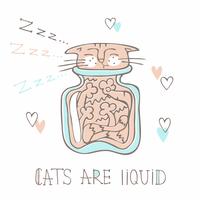 Chat dormant dans un bocal en verre. Style mignon. Les chats sont liquides. Une inscription. Vecteur