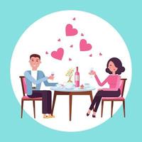 date de la saint-valentin romantique de l'homme et de la femme au restaurant. couple amoureux. personnes assises à table avec un verre de vin. relation amoureuse. illustration vectorielle plane isolée vecteur