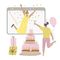 fête d'anniversaire en ligne. appel virtuel d'amies. femmes célébrant pendant l'auto-isolement en quarantaine. grand écran avec cale et coffrets cadeaux. illustration de vecteur plat dessinés à la main.