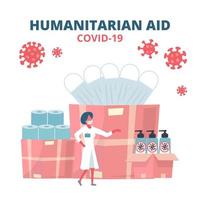 soutien humanitaire, mission de bonne volonté en cas d'épidémie de coronavirus, aide intentionnelle, fourniture de masques, gel désinfectant et concept de papier hygiénique. médecin déchargeant, transportant des boîtes vecteur plat