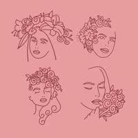 visage de femme avec des fleurs une collection de dessin au trait. art de dessin de portrait en ligne continue. bouquet de fleurs en tête de femme dessin au trait unique. illustration linéaire vectorielle. cosmétiques naturels. vecteur minimaliste