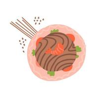 assiette soba. nouilles soba de sarrasin bouillies dans un bol isolé sur fond blanc. illustration vectorielle de la nourriture japonaise, des grains de sarrasin et des baguettes dans un style plat simple de dessin animé. vecteur