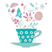 tasse avec des ingrédients à base de plantes - camomille, citron, menthe, canneberges et barberries, mûres, épilobe, tilleul. illustration d'herbe couleur doodle dessinés à la main. vecteur