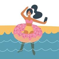 fille bronzée faisant selfie en mer sur un anneau en caoutchouc sous la forme d'un beignet. concept de voyage tropical. illustration vectorielle plane. vecteur