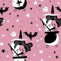 modèle sans couture avec des sorcières avec chaudron, lune et chauve-souris. illustration girly de silhouette simple. nuit rose magique. design plat pour l'emballage et le textile. vecteur