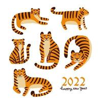 ensemble de tigre de dessin animé. personnage animal mignon dans différentes poses. illustration vectorielle plane pour des imprimés mignons, des vêtements, des emballages, des autocollants. symbole du nouvel an 2022, vecteur