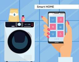 machine à laver contrôlée via smartphone avec wi-fi. application de contrôle à distance pour smartphone. la main féminine tient un téléphone portable avec des boutons à l'écran. concepts pour bannière web, sites web. illustration vectorielle plane vecteur