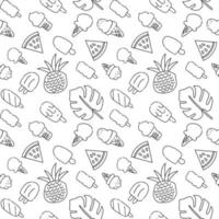 motif d'icônes de vacances d'été sans couture avec crème glacée, pastèque, ananas et feuilles de palmier. illustration vectorielle de contour noir dessiné à la main sur fond blanc. vecteur