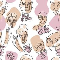 modèle sans couture abstrait portrait de femme linéaire. visage féminin dessinant une ligne sur des formes minimales et un fond de lignes courbes. portraits de femmes avec illustration de fleur de cerisier pour le design de mode vecteur