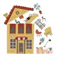 déménager dans un nouvel endroit. une maison jaune avec quelques meubles s'envole sous le toit ouvert vers des cartons. illustration vectorielle fausse. vecteur