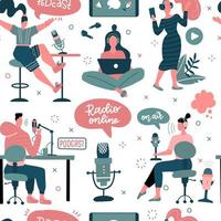 fond de concept de podcasts avec des personnages de personnes. modèle sans couture plat de couleur avec des cliparts pour les blogs et vlogging. homme et femme en direct. illustration vectorielle plate vecteur