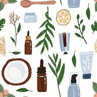 modèle sans couture cosmétique organique avec bouteilles, bocaux, tubes. fond de cosmétiques à base de plantes. trucs de femme, concept d'accessoires eco girls. produits de soins naturels pour le visage. illustration de vecteur plat dessiné à la main