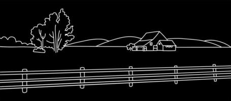 paysage rural avec champ, vieille maison, arbres, panorama sur le terrain. dessin à la craie sur le tableau noir vector illustration linéaire fond de campagne