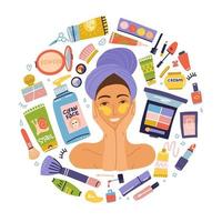 définir des articles cosmétiques de maquillage. portrait jeune femme avec des patchs. produits d'hygiène plats vectoriels. fille se brosser avec une serviette sur la tête. concept de mode de vie sain vecteur