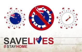 cellule de coronavirus avec drapeau et carte de la nouvelle-zélande. arrêtez le signe covid-19, le slogan sauve des vies reste à la maison avec le drapeau de la nouvelle-zélande vecteur