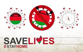 cellule de coronavirus avec drapeau et carte du malawi. arrêtez le signe covid-19, le slogan sauve des vies reste à la maison avec le drapeau du malawi vecteur