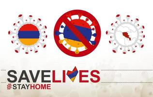 cellule de coronavirus avec drapeau arménien et carte. arrêtez le signe covid-19, le slogan sauve des vies restez à la maison avec le drapeau de l'arménie vecteur