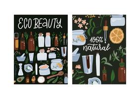 soins de beauté écologiques - produits cosmétiques. cosmétiques naturels. vecteur plat dessiné à la main. ensemble de deux bannières publicitaires, publication sur le réseau social, dépliant, étiquette, broshure, affiche, pour magasin de cosmétiques.