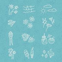 ensemble de dessins animés de doodle dessinés à la main de vecteur de ligne d'objets et de symboles de saison d'heure d'été sur fond texturé blie. collection d'art linéaire - cocktails, fleurs, feuilles de palmier, glaces.