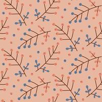 simple motif harmonieux dessiné à la main avec des feuilles bleues et des baies roses sur les branches sur fond pastel. illustration vectorielle plane. vecteur