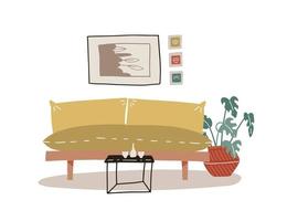 intérieur bohème élégant avec canapé jaune confortable, plante d'intérieur et table basse. salon confortable dans un style scandinave simple. illustration vectorielle plat coloré isolé. vecteur