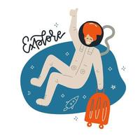 jolie astronaute féminine volant dans l'espace avec sac à bagages. concept de tourisme spatial isolé avec texte de lettrage - explorer. illustration de dessin animé plat de vecteur. vecteur