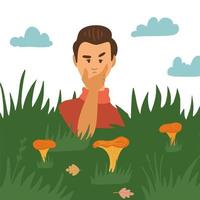 un homme doutant qui regarde des champignons dans l'herbe. le personnage de champignon passe du temps à l'extérieur pendant la saison d'automne à cueillir des champignons chanterelles. activité d'automne, passe-temps. illustration de vecteur plat de dessin animé