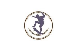 silhouette d'homme sautant avec étiquette d'emblème d'insigne de planche à roulettes pour le vecteur de conception de logo de club de patineur