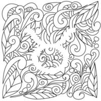 page de coloriage utilisant l'espace négatif, silhouette du signe du zodiaque taureau, motifs de griffonnage de feuilles et de boucles, illustration de contour vectoriel