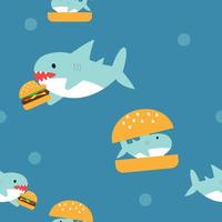 le requin mignon mange un motif mignon sans couture de tissu de burger vecteur