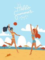 jeunes femmes jouant au volley-ball ensemble sur l'illustration vectorielle de plage. filles heureuses dans les activités de plein air en bikini. vacances d'été se détendre repos. illustration de dessin animé plat avec lettrage bonjour l'été vecteur