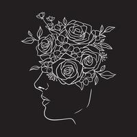 beau visage de femme avec des fleurs illustration en noir et blanc sur fond noir vecteur