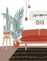 illustration vectorielle plane de design d'intérieur de maison confortable pour site web, carte postale, bannière, affiche ou dépliants. salon scandinave avec canapé, tapis et plantes - palmier, cactus. vecteur