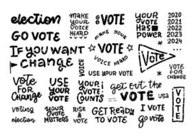 jeu d'icônes d'élection présidentielle. concept de vote électoral. bagdes noirs dans un style texturé grunde. chaque autocollant est isolé. votre vote compte. voter pour le changement. vecteur