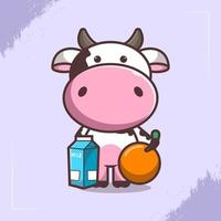 illustration de personnage de vache mignonne transportant du lait et des oranges vecteur