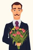 beau monsieur en costume avec moustache tenant un bouquet de fleurs sauvages, va à un rendez-vous avec sa bien-aimée. vecteur