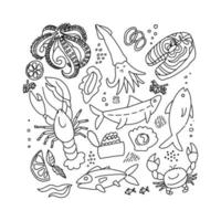 ensemble de croquis de fruits de mer simples et rugueux dessinés à la main en noir et blanc. illustration vectorielle sur fond blanc. tranches de poisson, homard, crabe, calmar pour la conception de sites Web, impressions textiles, affiches, menu vecteur