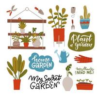 plantes d'intérieur en pots, différentes plantes vertes en pot, étagère et outils d'entretien. collection de jungle urbaine avec des citations de lettrage. jeu d'illustration vectorielle doodle plat.