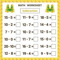 feuille de calcul mathématique. soustraction. carte éducative pour les enfants. vecteur