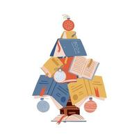 sapin de noël fait de livres colorés décorés de boules de verre de noël fond blanc isolé. jolie pile lumineuse de livres. bibliothèque à domicile. bonne éducation. illustration de vecteur plat de dessin animé.