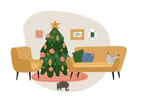 intérieur festif avec décorations pour la maison - sapin de noël, chat, fauteuil, canapé et tapis. saison des vacances d'hiver confortable. illustration de vecteur plat mignon isolé sur blanc.