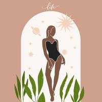 bannière esthétique d'astrologie mystique minimaliste moderne avec une belle femme bohème avec des étoiles. soleil et plantes tropicales. affiche artistique contemporaine. illustration vectorielle isolée dessinée à la main. vecteur